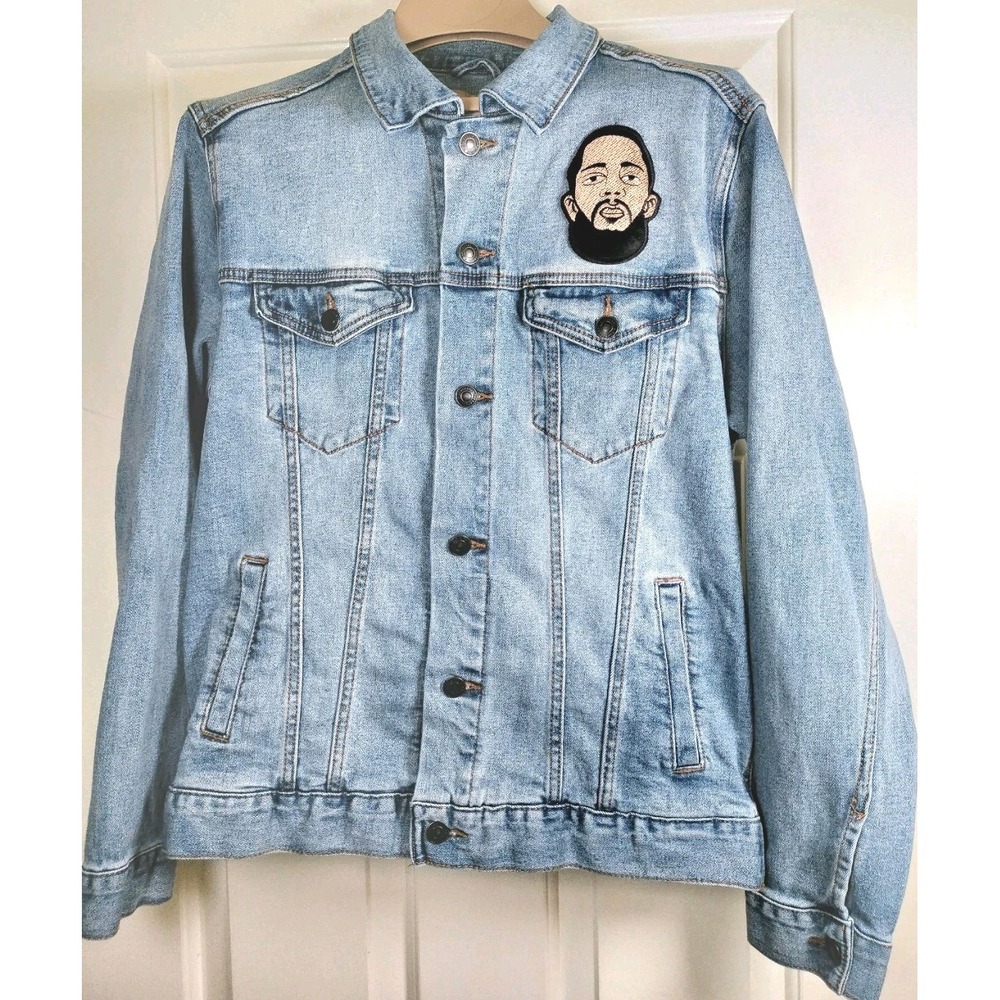 Nipsey Hussle Custom Embroidered Patch Denim Jean Jacket Light Wash Men's Medium